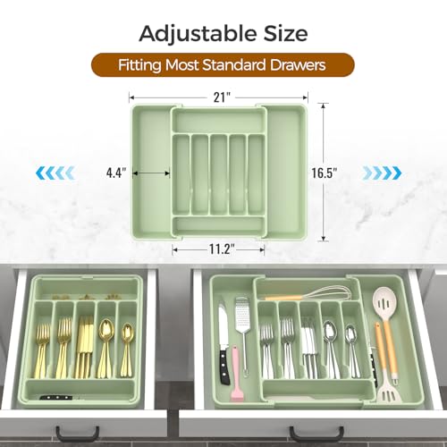 Extra Large Expandable Silverware Organizer, BPA-Free Food-Safe Cutlery Flatware Organizer, Kitchen Utensil Drawer Organizer, Adjustable Silverware Holder for Spoons Forks Knives, Green