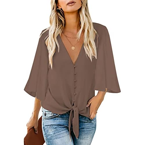 luvamia Women's Casual V Neck Tops 3/4 Sleeve Tie Knot Blouses Solid Button Down Shirts XX-Large Pecan Brown