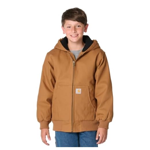 Carhartt Boys' Insulated Canvas Active Jacket, New Carhartt Brown, Large | Insulated, durable, midweight jacket; 9-oz cotton canvas fabric, triple-stitched seams, lined hood and insulated pockets