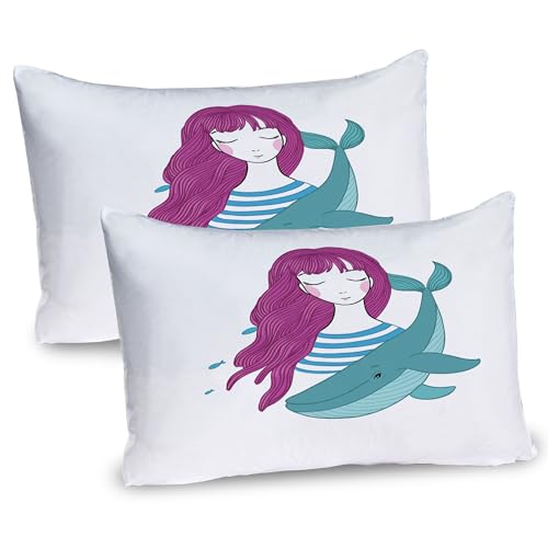 Ambesonne Retro Pillow Sham Set of 2, Illustration of a Teenage Girl with Closed Eyes and a Funny Whale, Quality Microfiber Bedding Item for All Seasons, 30