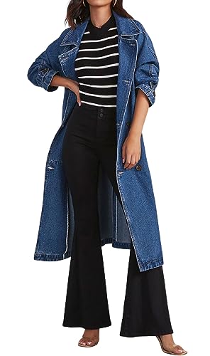 CHARTOU Women's Casual Double Breasted Long Denim Trench Coat Jean Jacket Trenchcoat with Belt Duster Coat2