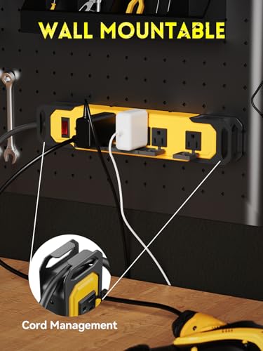 Protector de sobretensión PLUGTUL Heavy Duty con cubierta de seguridad, regleta metálica 15A, cable de extensión de 1.8 metros, 6 tomas, montaje en pared industrial, listado ETL miniatura 4