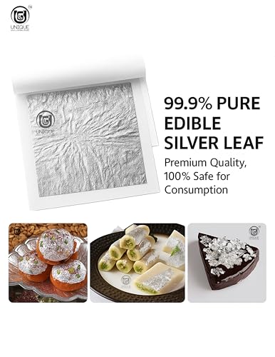 Image of UGLS Edible Silver Leaves 99.9% Pure (Chandi Ka Vark) Silver Leaf ( 50 Pcs ) for Edible Cake Toppers, Sweets Decoration (Mithai), Cake Decoration, Pooja & Jain Temple Use & Many More Uses | (3x5.in /80x130.mm)