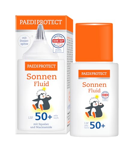 PAEDIPROTECT Fluido solar SPF 50+ 30 ml, protector solar nutritivo con escualano y práctica punta dosificadora para bebés, niños y adultos, sin perfume ni microplástico, vegano