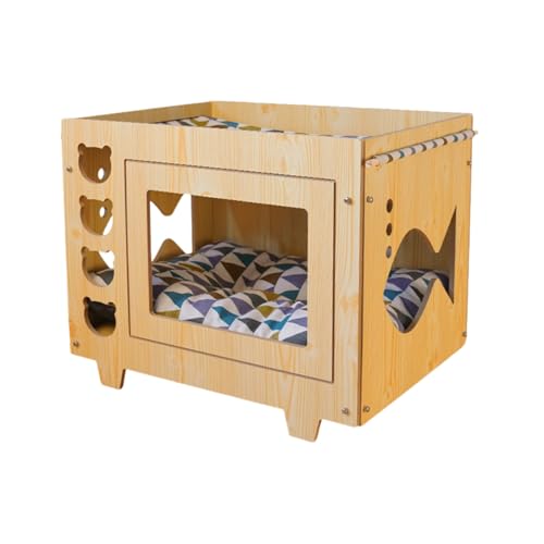 Guyyelt ウッドハウス ペット住宅、木製猫ハウス、ペットハウス、キャットハウス、木製猫の家 2段 お手入れ簡単 夏対策 通気性の良い 耐久性 広い空間 ちゃん用秘密基地 室内用 冬 夏 一年中 フェルトパッド付き (クマスタイル)