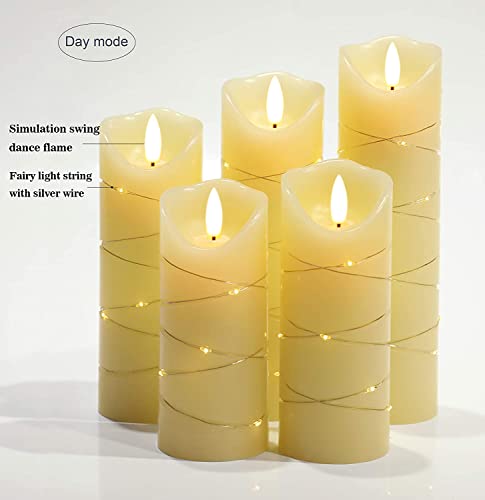 Danip Flameless Candle, With Embedded String Lights, 5-Piece Led Candles, With 10-Key Remote Control, 24-Hour Timer Function, Dancing Flame, Real Wax, Battery-Powered. (Ivory White) #TOP1