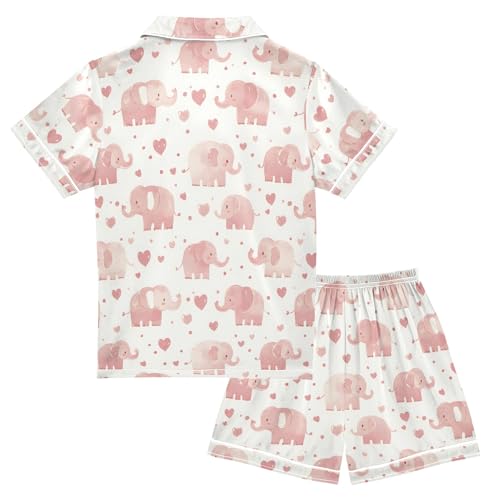 Pink Elephant Hearts Pattern Summer Satin Pajama Set, Cute Button-Down Sleepwear Pj Set for Sleep Wears2