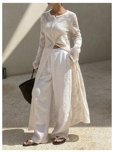 Floerns Women's Hollow Out Button Down Long Cardigan Crew Neck Long Sleeve Knit Sweater4