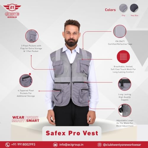 Image of CLUB TWENTY ONE Workwear Safex Pro Safety Vest for Men, Polyester Air Mesh Fabric, Multi-Pocket Reflective Jacket with EN 20471 Tape for Construction, Warehouse & Manufacturing Work, Grey, Size 2XL