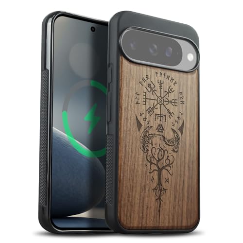 Coque Pixel 10 bois aimante Magsafe etui Carveit Google antichoc bumper TPU motif Viking Noyer
