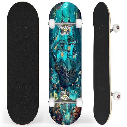 Complete Skateboard with Teal Sail Sunken Ship Art Ocean Scene Beginner Skateboard 7-Layer Maple Wood Double Kick Concave Skateboards for Kids, Adults, Teens 31