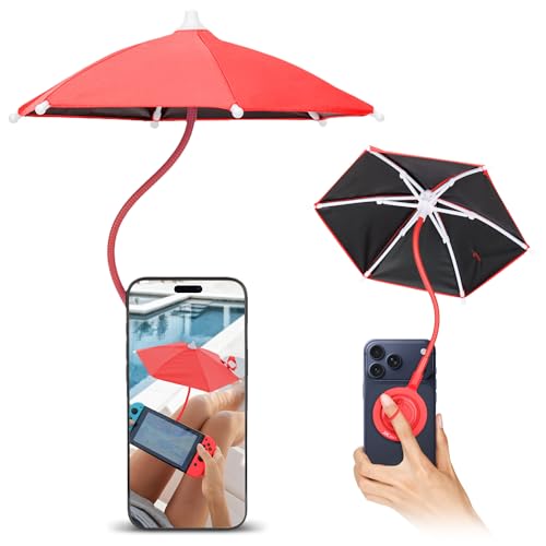 UPF 45+ Magnetic Phone Umbrella,Phone Umbrella for Sun with Black Anti-UV Coating,Upgrade UV Protection Cellphone Sunshade for iPhone 17/Air/16/15/14/Android/iPad/Kindle Outdoor Tanning Anti-Heating - RED