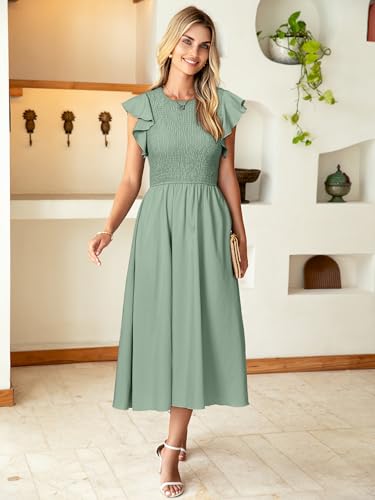 Image of Simplee Womens Striped Midi Summer Dress Linen Smocked Flutter Short Sleeve Dress Flowy Casual Dress with Pockets