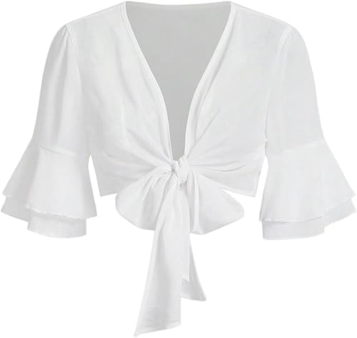 OYOANGLE Women's Tie Front Deep V Neck Blouse Layered Ruffle Half Sleeve See Thr