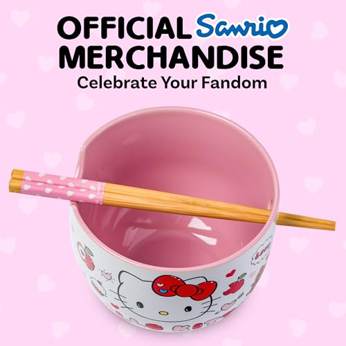 Image of Silver Buffalo Sanrio Hello Kitty Apples and Hearts Doodles Ceramic Ramen Noodle Rice Bowl with Chopsticks, Microwave Safe, 20 Ounces