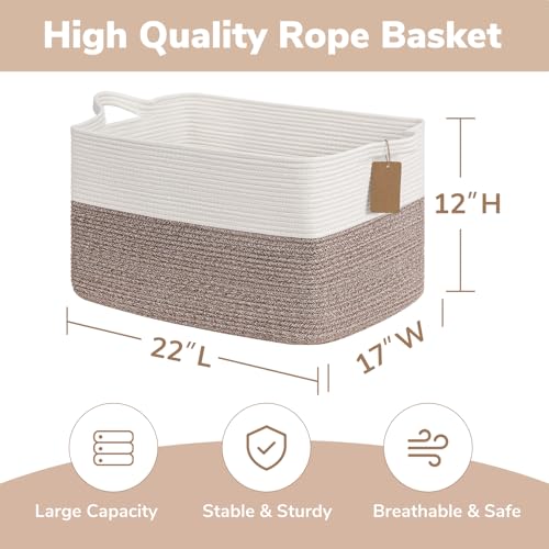 Image of Goodpick 75L Extra Large Woven Rope Blanket Basket, Rectangle, Brown | 22 inch x 17 inch x 12 inch Decorative Storage Basket for Pillows & Clothes, Fits Living Room & Nursery Organization, Handles