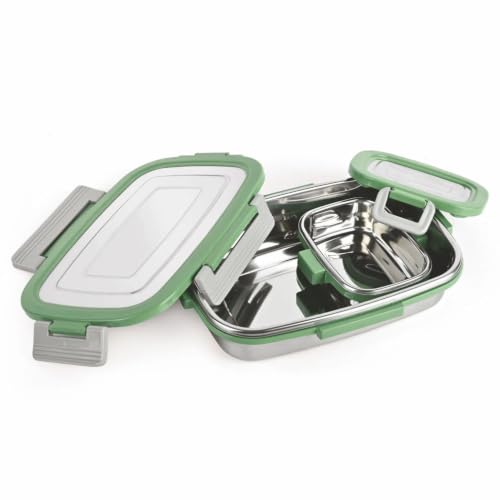 Image of SignoraWare Quickmeal Stainless Steel Big Lunch Box,(900ml+160ml, EGreen), Airtight & Leakproof, Portion Control, Easy to Carry, Ideal for Office, School, Kids & Travel