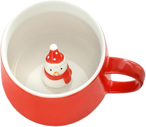 NDLBS Taza de café 3D de Navidad con muñeco de nieve, lindo animal en el interior, figura de cerámica de dibujos animados, taza de té, regalo de