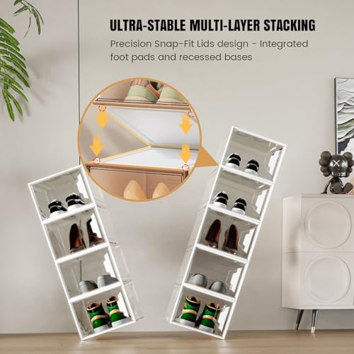 6 Pack Shoe Storage Box Organizer, Clear Thicken Stackable Plastic Shoe Boxes with Magnetic Door, Sturdy Shoe Containers for Sneakers Boots, Easy to Assemble, Fit up to US Size 12(13.2"×10.6"×7.5") by ADTO - Used condition - Image 2