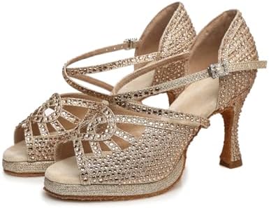 ZHCRCfirm Women's Glitter Rhinestones Open Toe Latin Ballroom Dance Shoes Rumba Party Wedding Tango Dance Sandals YCL458 Pale Gold US 10.5 | Image 6
