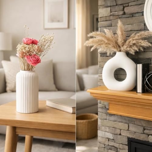 Image of SPHINX White Ceramic Donut Vase, 6 Inch Donut and 6 inch Ribbed Modern Flower Vase for Pampas Grass, Dried Flowers, Home & Office Decor, Centerpiece, Handcrafted Gift Vase (Pack of 2 Only)