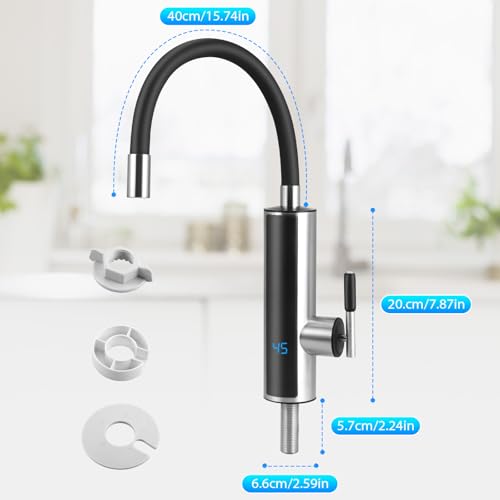 Elektrische Wasserhahn mit Durchlauferhitzer, 3000W 220V Sofortiger Warm Küchenarmatur mit Flexibler Auslauf und LCD Temperaturanzeige, 360º Swivel Durchlauferhitzer Küche für Küche, Garten, Bad