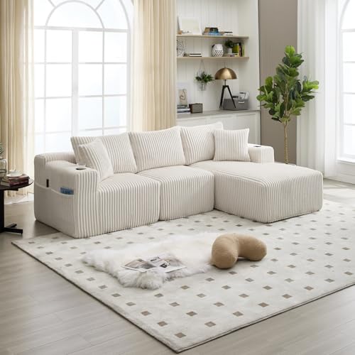 EURHCIO Canapé d'angle Modulable,Canapé 3 Places en Velours Côtelé,avec 5 Coussins,Poches Latérales et Porte-Gobelets,pour Salon,Appartement,Bureau (Beige)