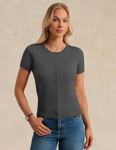 Image of GRACE KARIN Women Short Sleeve Cardigan, 2026 Summer Knitted Sweater Tops, Basic Crew Neck Crop Outfits