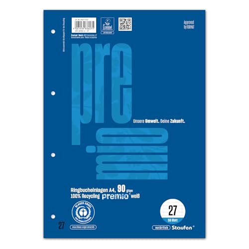 Staufen premio Ringbucheinlagen - 5 Blöcke je 50 Blatt, DIN A4, Lineatur 27 (9 mm liniert mit RL), 4-fach Lochung, 90 g/m² Recyclingpapier