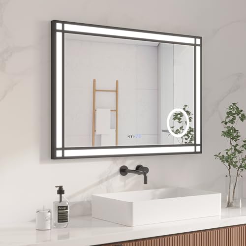 AQUABATOS Espejo de baño con Luz LED 100 x 70 cm, Espejo Cuadriculado, Marco de Aluminio Negro, Reloj Digital, Espejo de Maquillaje, Interruptor Táctil, Luz Blanca fría Regulable, Antivaho