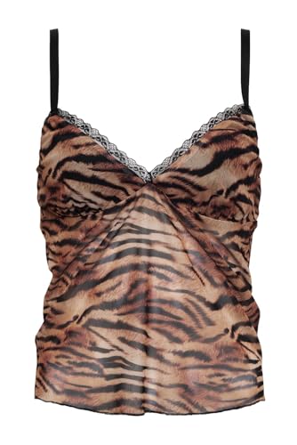 Women Tiger Stripe Print Tank Top Y2k Sexy Lace Trim Cami Top Spaghetti Strap Mesh V Neck Going Out Camisoles