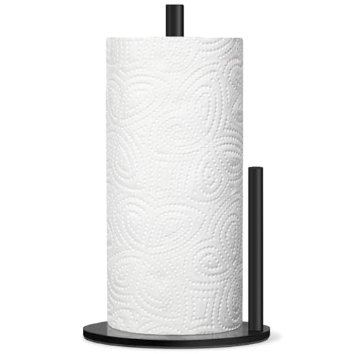 Kitchen Roll Holder Stainless Steel Paper Towel Holder with Anti-Roll Arm No Drilling Freestanding Kitchen Towel Holder for Standard Rolls Countertop Towel Holder for Kitchen Bathroom (Black)