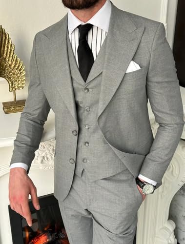 Men's 3 Piece Suit Peaked Lapel 2 Button Tuxedo Party Dinner Blazer Vest Pants4