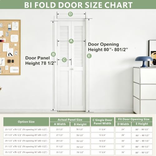 Puerta Bifold para abertura de 24" x 80", puerta plegable de media persiana con kit de herrajes, superficie MDF, instalación fácil para armarios, despensas y lavanderías miniatura 2