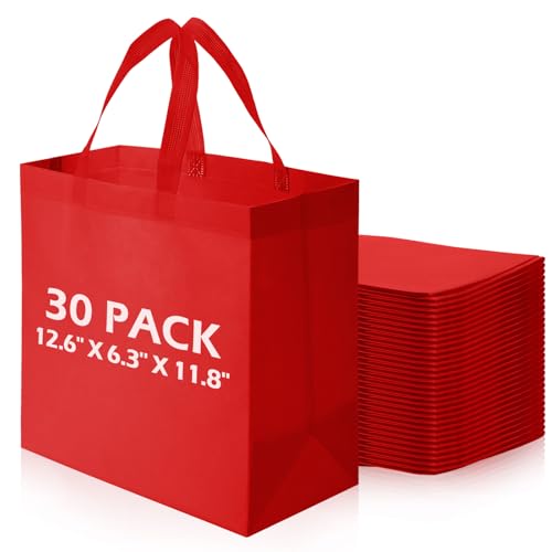 Vincreem 30 Pcs Reusable Tote Bag Bulk Non Woven Grocery Bag with Handle Blank Foldable Shopping for Groceries Shop Retail(Red)