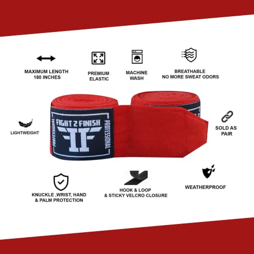 Fight 2 Finish 180 Inch Professional Wrist Wraps Included Elastic Stretchy Handwraps For Boxing Kickboxing Muay Thai Mma Martial Arts Taekwondo (Red) #TOP2