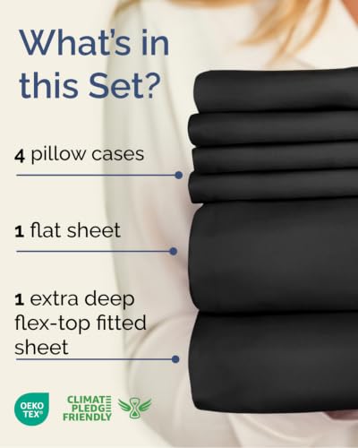 Image of CGK Unlimited Extra Deep Flex Top Split Head King Sheet Set - 6 Piece Breathable and Cooling Sheets - Hotel Luxury Bedding for Women, Men, Kids & Teens - Easy Secure Fit - Extra Deep Pockets - Black