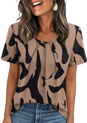 Image of WIHOLL Women T Shirts Pleated Short Sleeve Tops Business Casual Dressy Blouses
