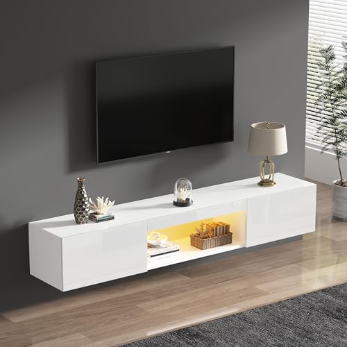 OKMYHOME Meuble TV avec Éclairage LED et Commande Bluetooth App - Façade Haut Brillant - Panneau de Particules - 160 x 31 x 22 cm - Blanc