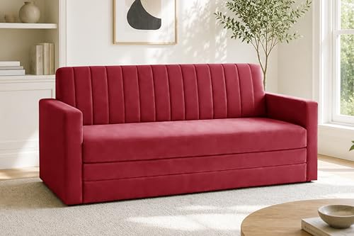 Image of Modern 3 Seater Sofa Cum Bed with Armrest, Velvet Fabric Couch for Living Room, Space Saving Foldable Sleeper Sofa, (Red-Color)