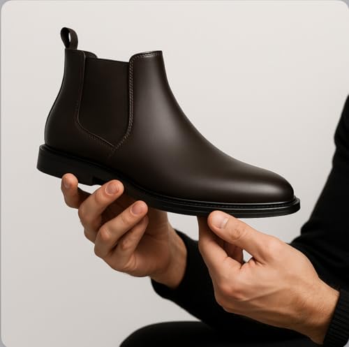 Image of Men's Leather Chelsea Boots | Ankle Boots with Textured Finish Formal & Smart Casual Boots | Comfortable Fit, Trendy, Stylish Boots | Leather Boots for Office /Fashionable