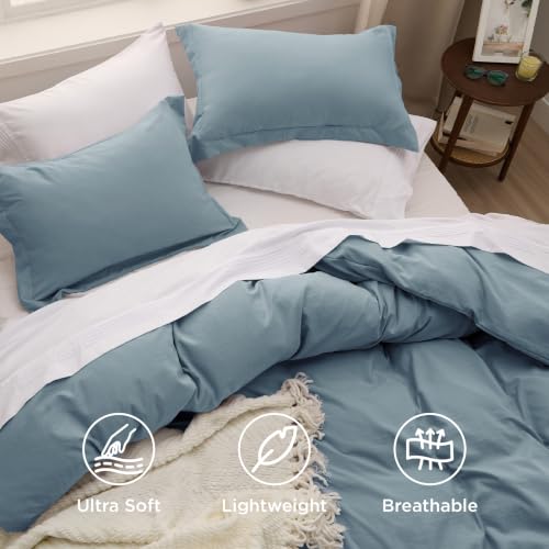 Image of Bedsure Prewashed Duvet Cover Queen, Cotton-Like Bedding Set, Dusty Blue | Ultra Soft, Relaxed Texture, 90 inchx90 inch Breathable Comfort, Hidden Zipper, 8 Corner Ties, Easy Care, OEKO-TEX, Year-Round Use