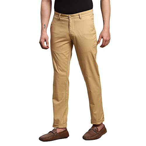 Image of Parx Men Low Rise Tapered Fit Solid Pattern Cotton Spandex Blend Flat Front Casual Trouser
