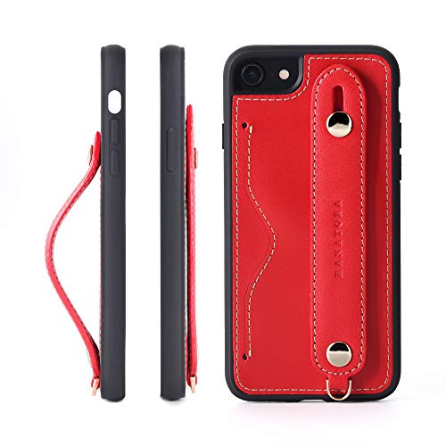 HANATORA iPhone SE3/SE2 /8/7 グリップケース レザー 本革 ストラップ付属 イタリア製牛革 ヌメ革 片手操作 カード収納 スタンド機能 メンズ レディース レッド CGH-8SE-Red