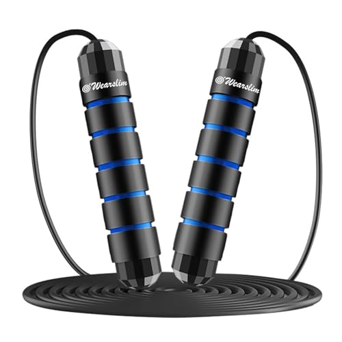 Wearslim Professional Skipping Rope for Men & Women with Ball Bearings Rapid Speed weighted Jump Rope Cable & 6” Memory Foam Handles Tangle-Free Jumping Rope for Kids - Black & Blue
