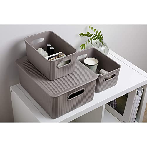 Superio Ribbed Collection - Decorative Plastic Lidded Home Storage Bins Organizer Baskets, Medium Taupe (1 Pack - 5 Liter) Stackable Container Box, For Organizing Closet Shelves Drawer Shelf #TOP4