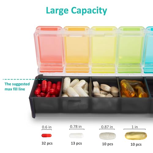 Image of Fullicon Weekly Pill Organizer 7 Day Quick Fill & Spill Proof Designed Large Pill Box with Free Labels Travel Medicine Organizer for Medicine, Vitamin, Fish Oil, Supplement (Rainbow Black Patet)