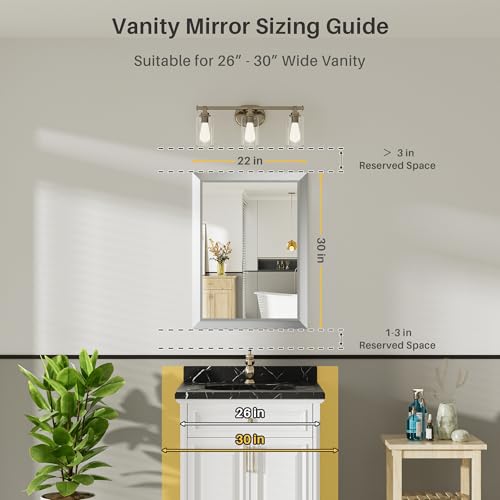Image of 22x30 Inch Brushed Silver Bathroom Mirror for Wall, Thick Metal Framed Rectangle Mirrors for Over Sink, Bedroom, Living Room, Entryway, Anti-Rust, HD Tempered Glass