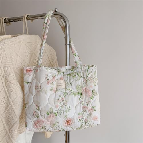 Image of Floral Quilted Cotton Shoulder Bag for Women Medium Size Handbag Large Capacity Thickened Design Tote