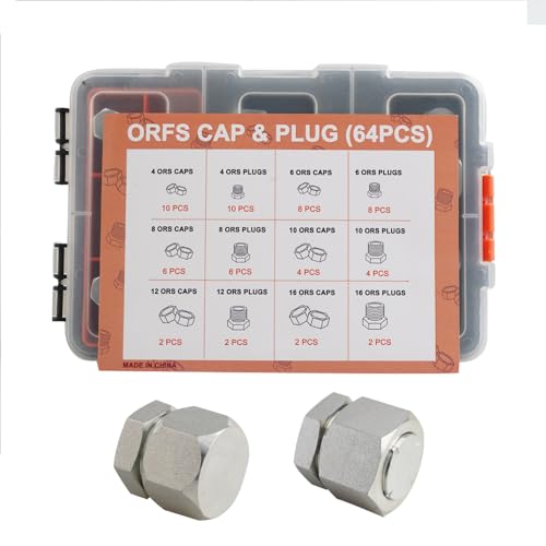 Image of 64 Piece ORFS Cap & Plug Kit Hose Tube and Pipe Hydraulic Fitting Set O-Ring Face Seal Cap and Plug Kit Galvanized 45# Steel with Precision Threading Sizes 4 6 8 10 12 16